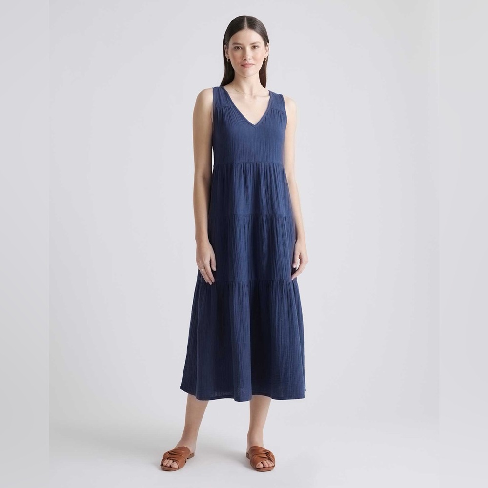 Quince Navy Blue Tiered Midi Dress